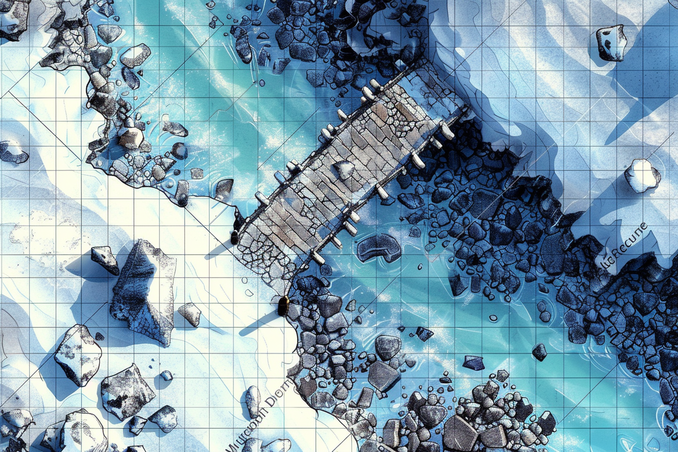 A hand-drawn map depicts a rocky coastline with a wooden pier extending into a blue body of water.