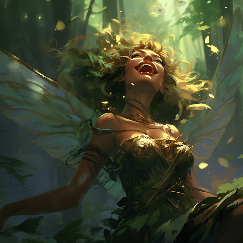 A woman with golden wings and flowing hair laughs amidst a dark, leafy forest scene.