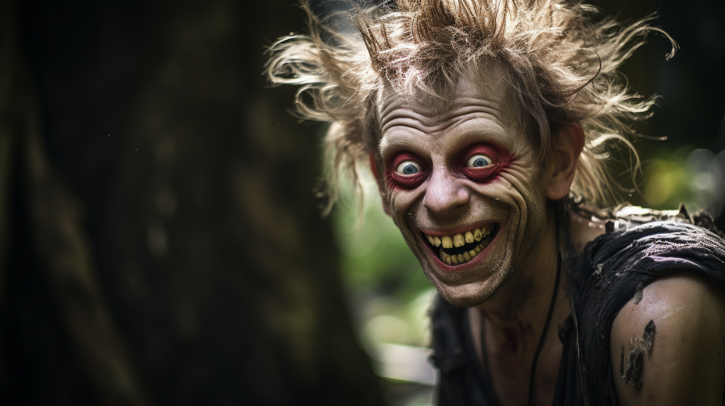 A man in a zombie makeup with bright red eyes and fake teeth smiles at the camera.
