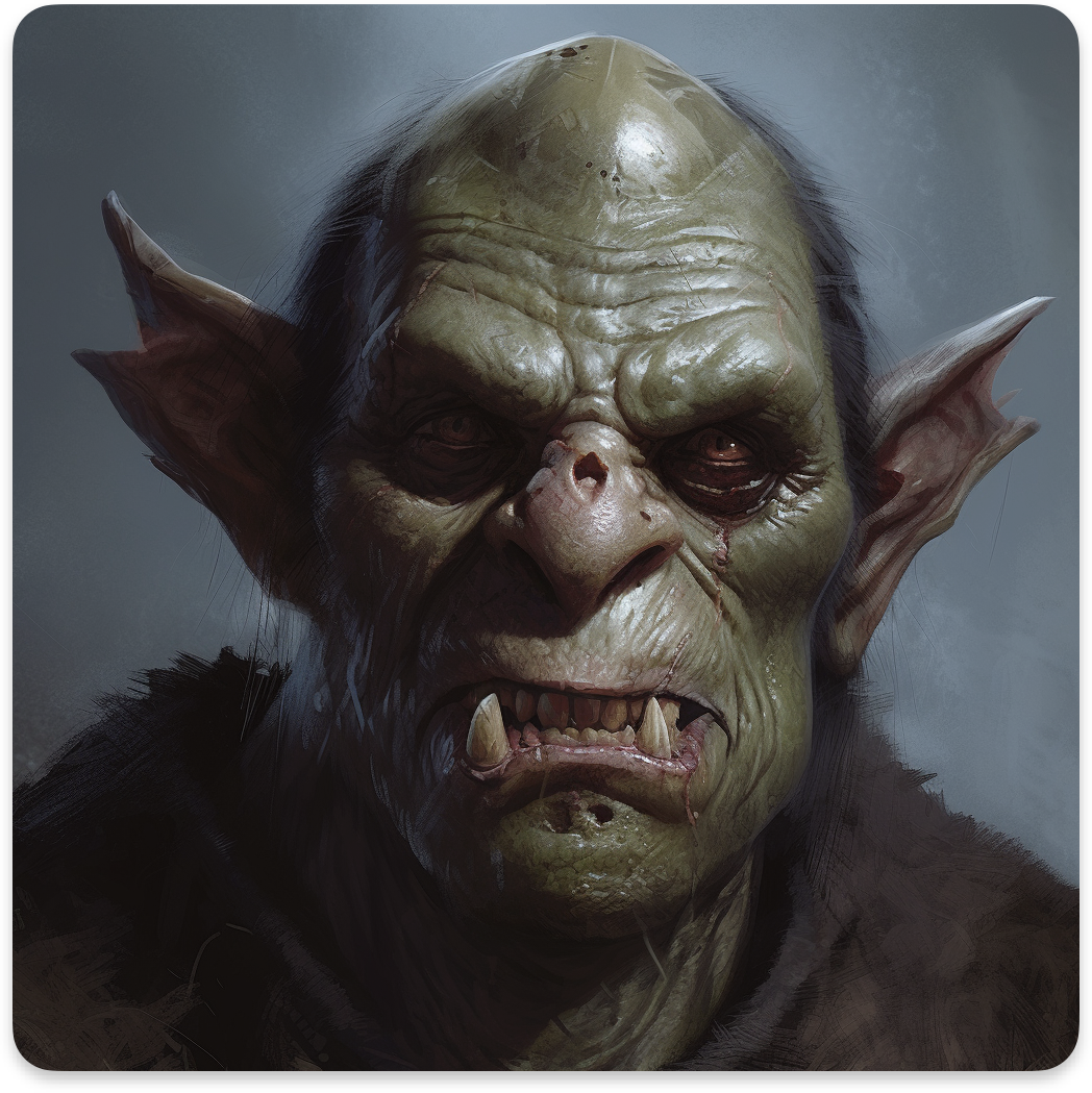 A green orc with large ears and sharp teeth stares intensely forward.