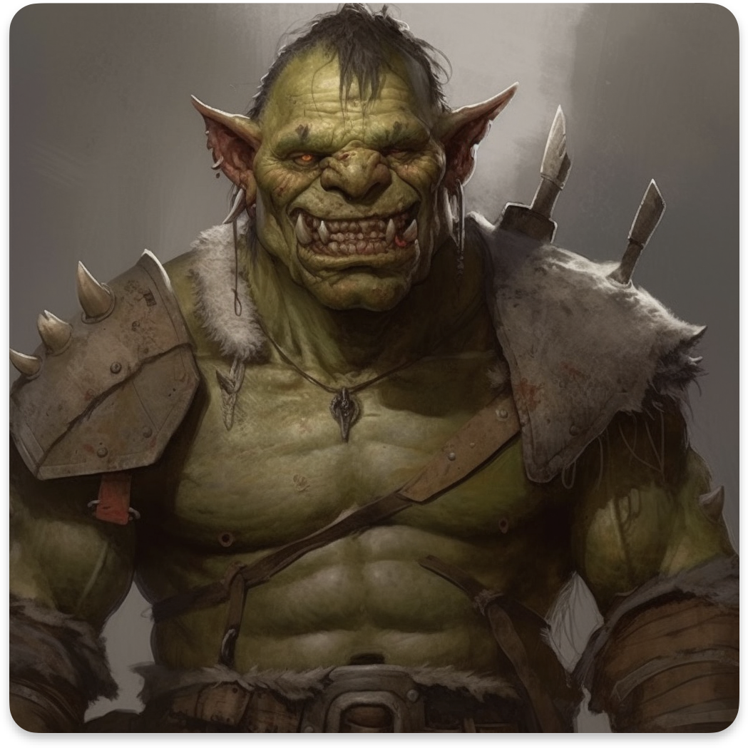 A green orc warrior wears a spiked shoulder pad and holds two swords.