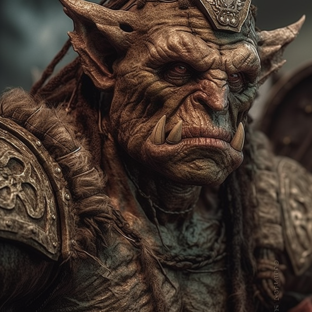 A detailed, brown orc warrior wears ornate armor with a crest on his helmet.