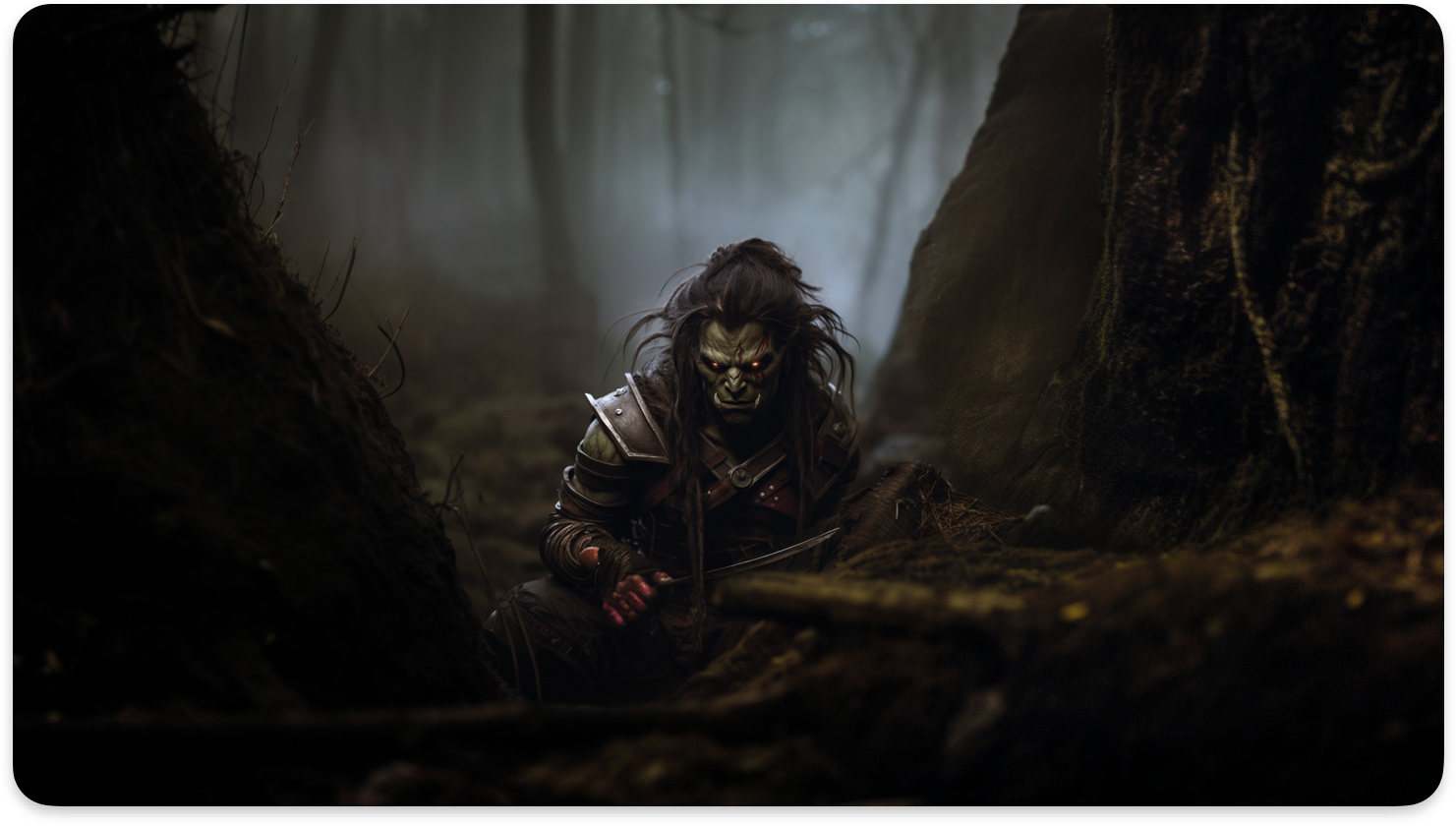 A dark-skinned orc warrior with a sword sits in a forest, wearing armor and holding a weapon.