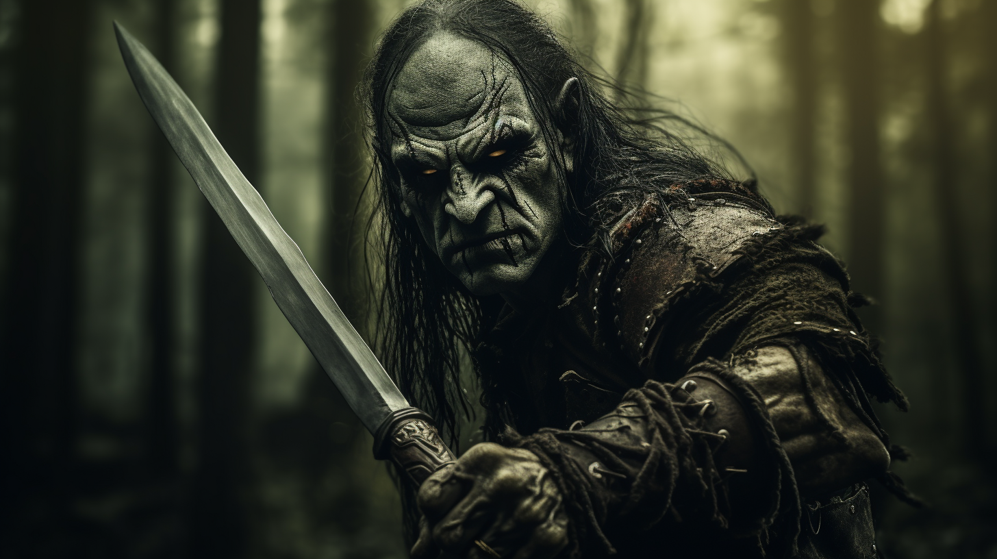 A dark-skinned, monstrous figure with a sword stands in a forest setting.