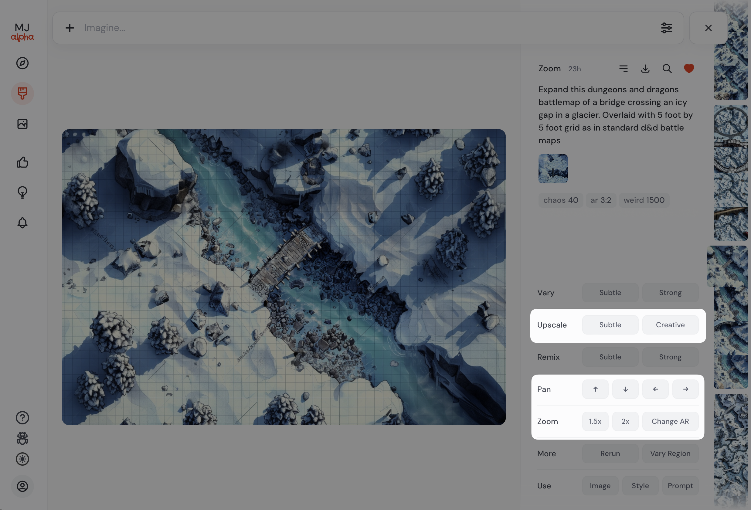 Zoom, pan, and upscale controls in the Midjourney web UI.
