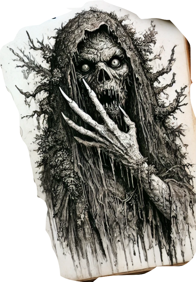 A charcoal drawing depicts a skeletal figure with a raised hand, partially obscured by tangled branches.