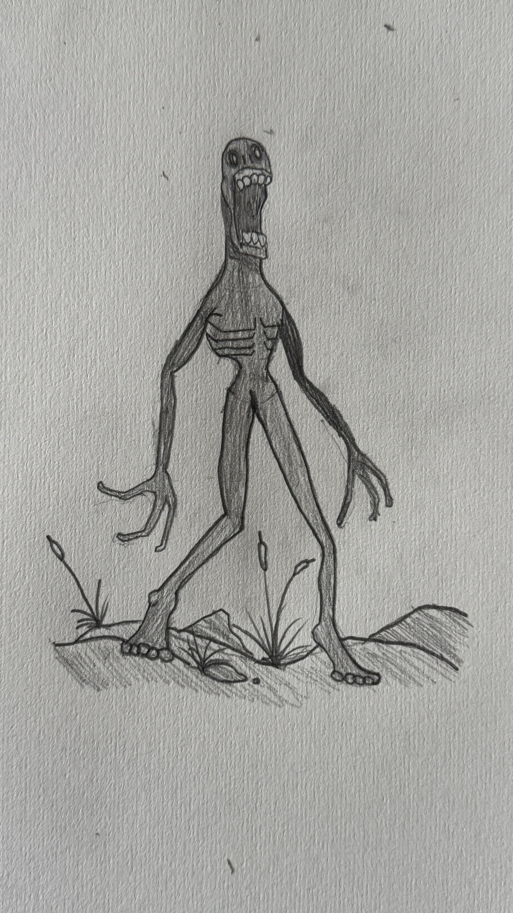 A pencil sketch depicts a stick-like, humanoid figure with an open mouth and visible teeth.