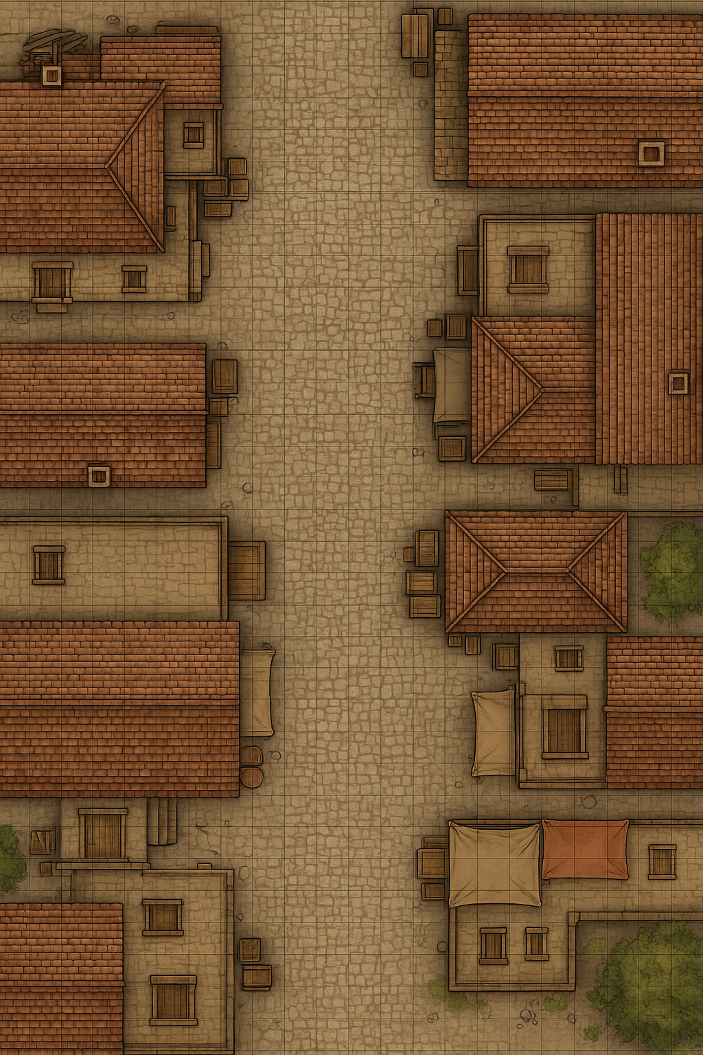 A hand-drawn map depicts a cobblestone street lined with small, brick-roofed houses.