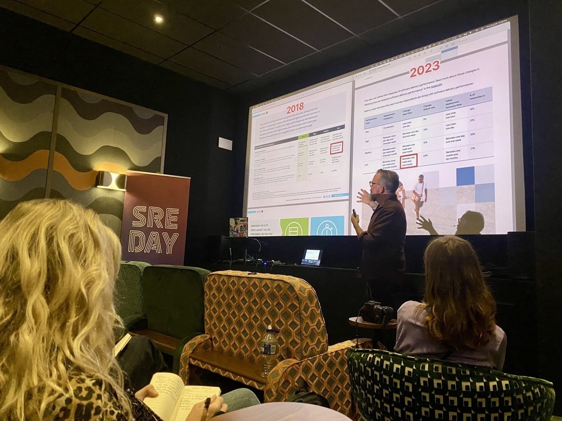 A speaker presents data on delivery performance metrics, including on-time and percentage complete, to a group of people.