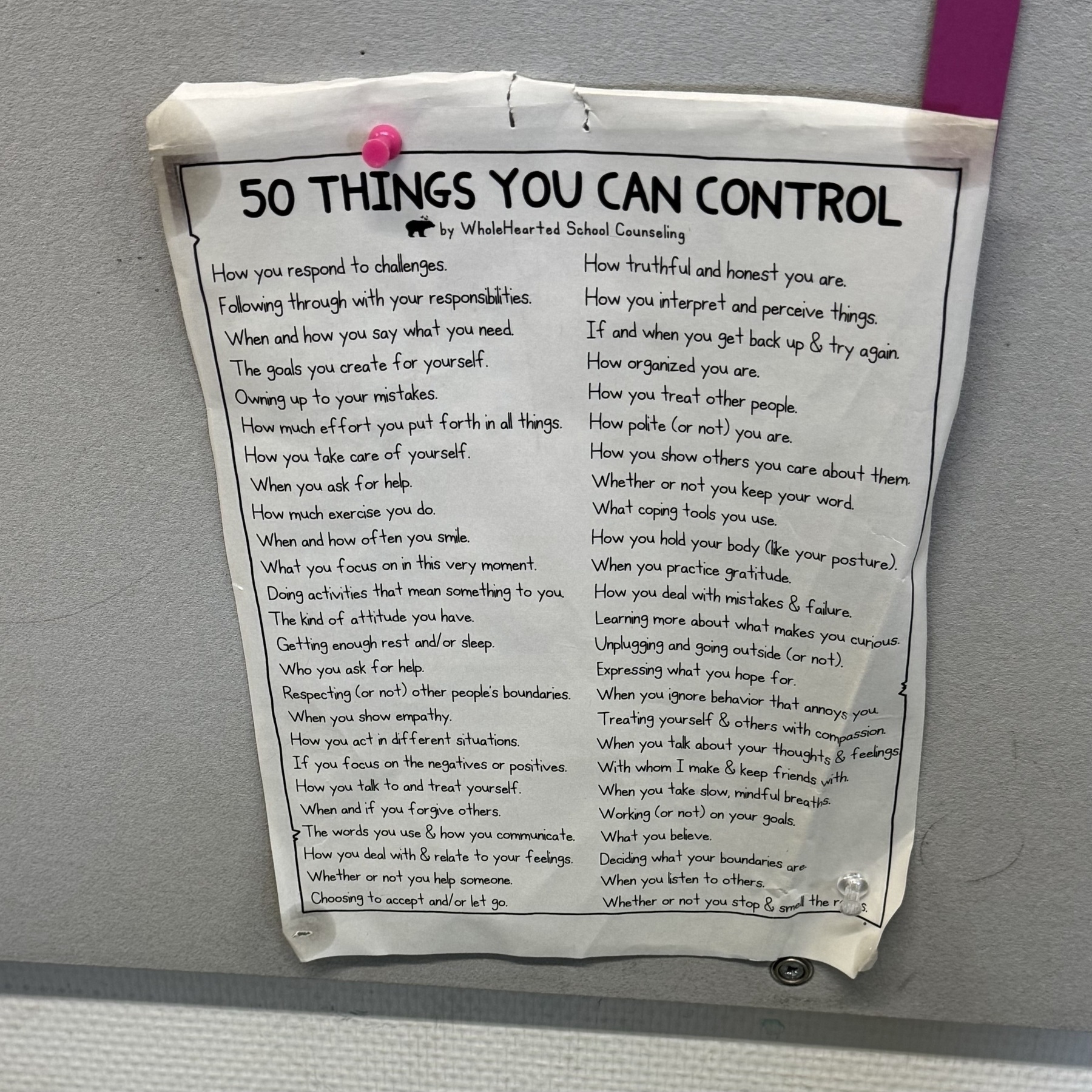 The image displays "50 Things You Can Control" by What’s Heartfelt Counseling, offering guidance on self-care and emotional regulation.