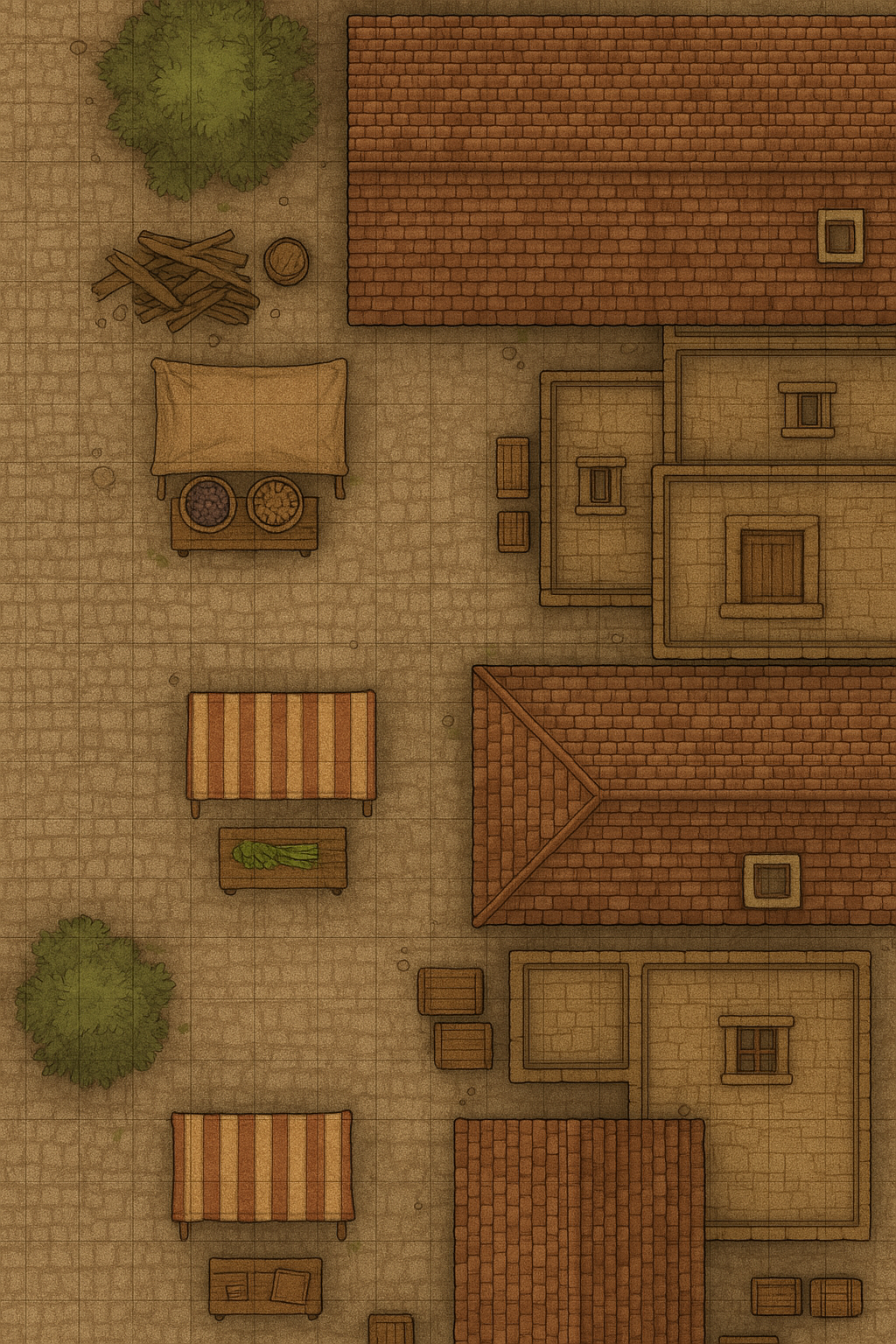 A top-down view depicts a small, brick building with a tiled roof and several outdoor furniture pieces.