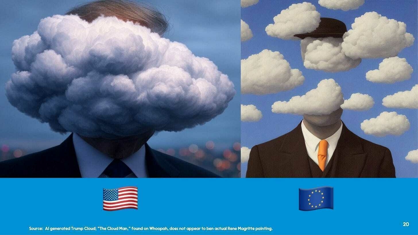 Generated image depicts a man in a suit and tie against a cloudy sky, with an American flag and European flag in the background.