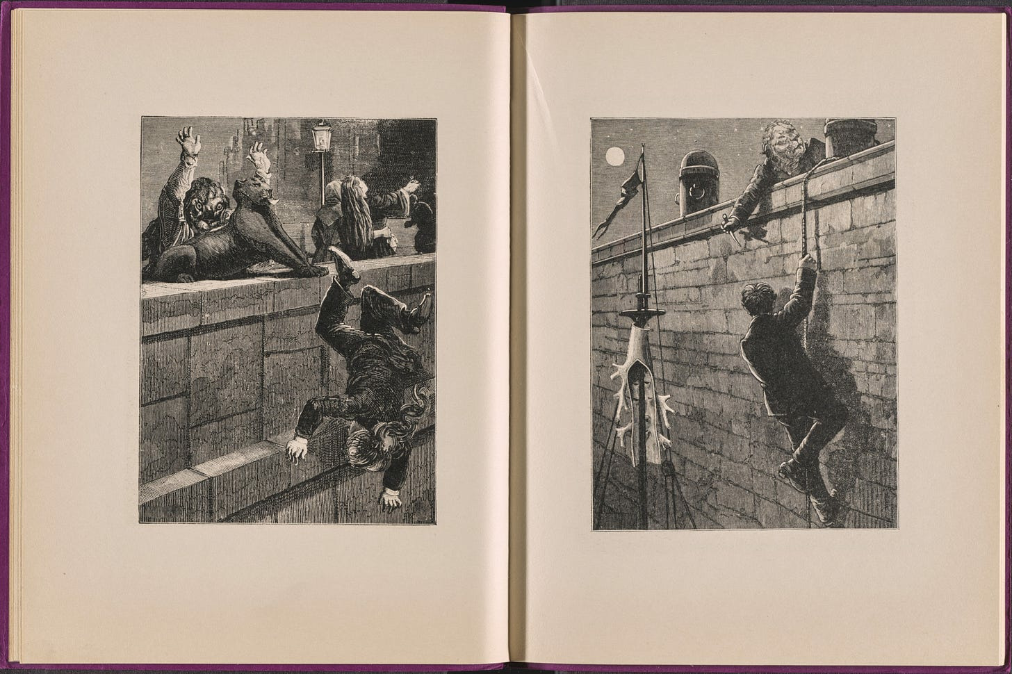 Two black and white illustrations depict a man falling from a wall and another climbing a wall with a pole.