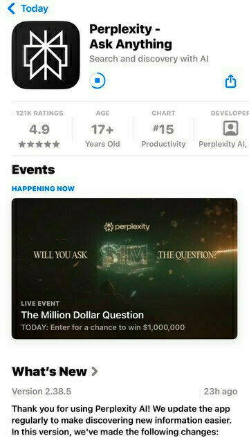 Perplexity AI app screenshot displaying a screen with the text "The Million Dollar Question" and "Enter for a chance to win $1,000,000".
