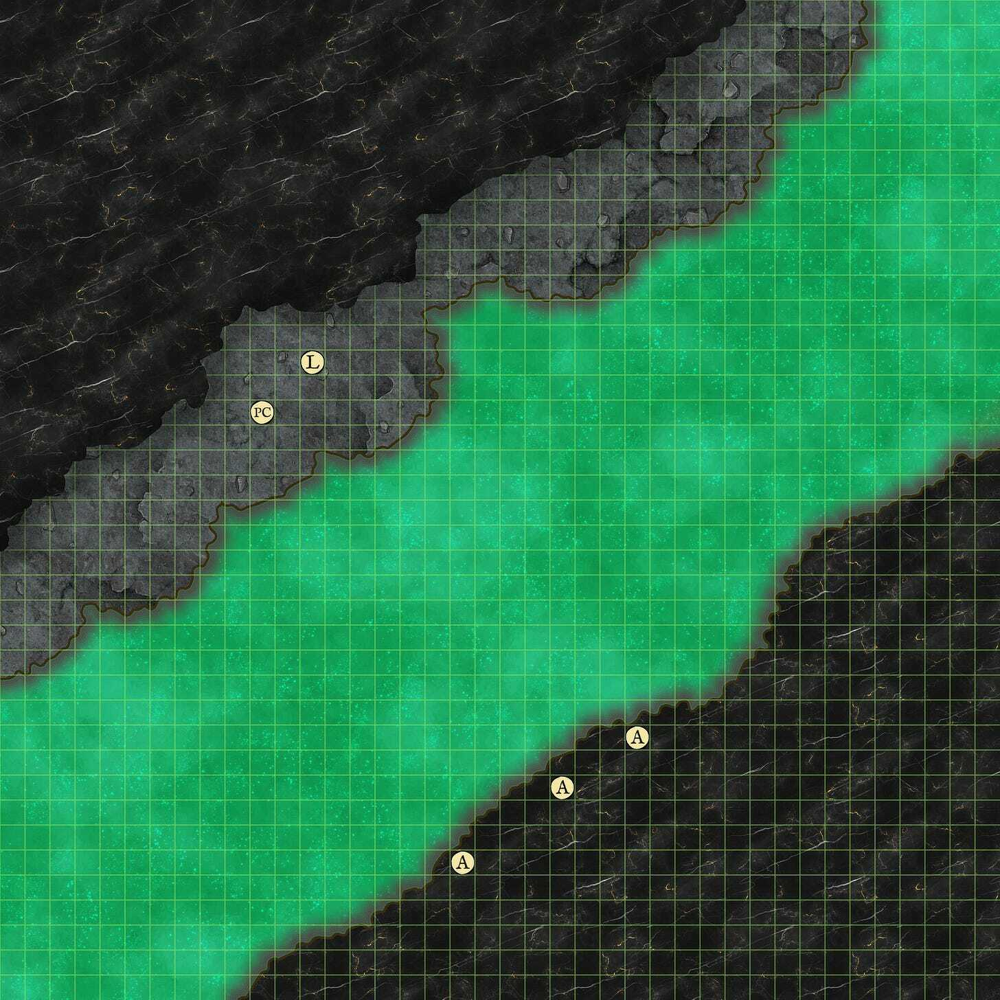 A green grid map with black and brown terrain features and three circular markers.