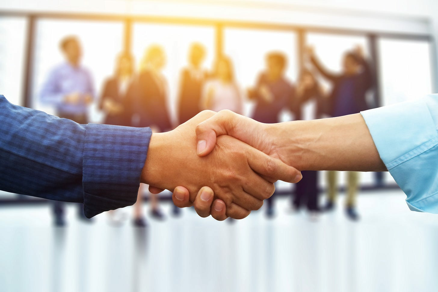 A handshake is visible between two hands in business attire, with a blurred background of people.