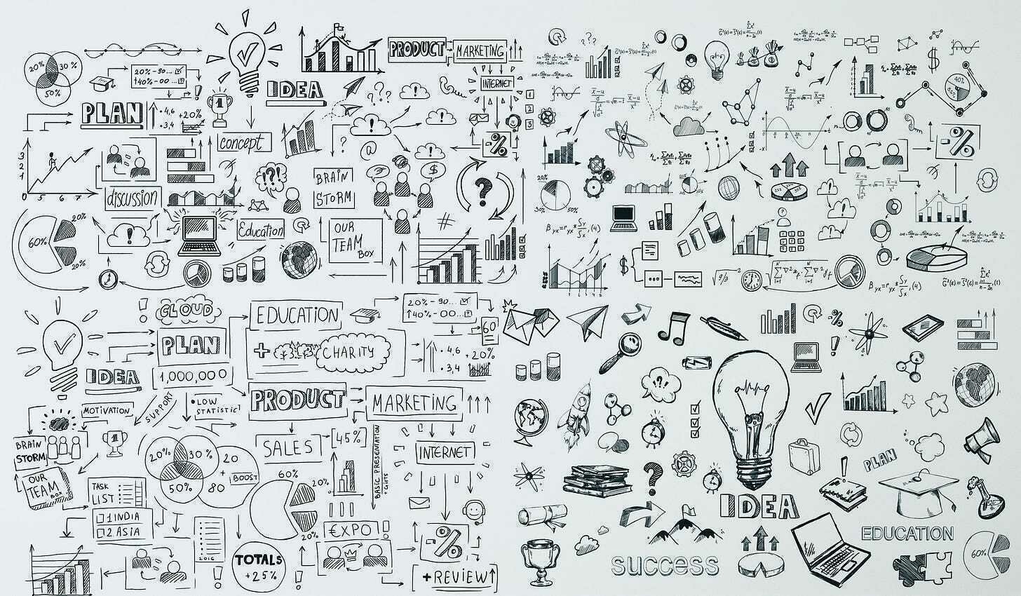 A collection of hand-drawn icons and text related to business concepts like marketing, sales, and education.