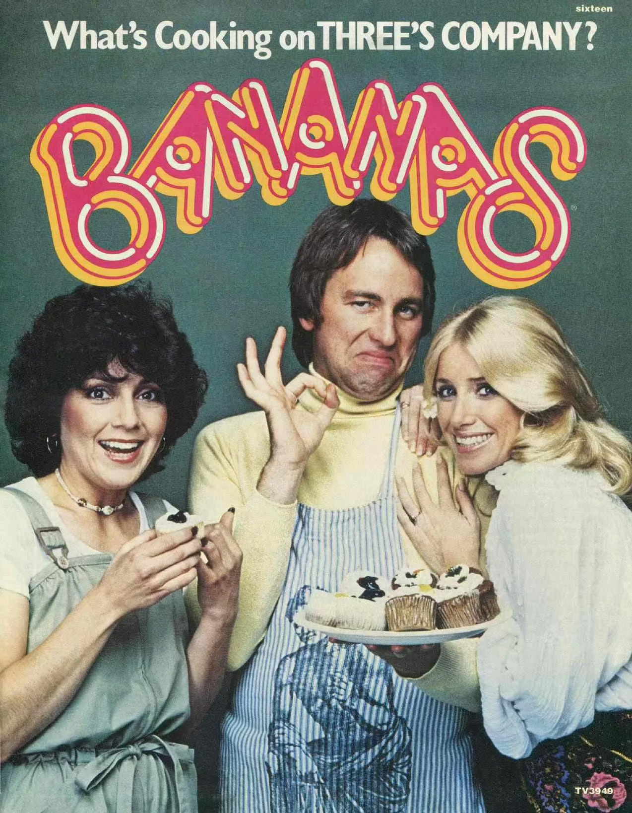The cast of “Three’s Company” smiles with a cake in the background, alongside the text “Sixteen.