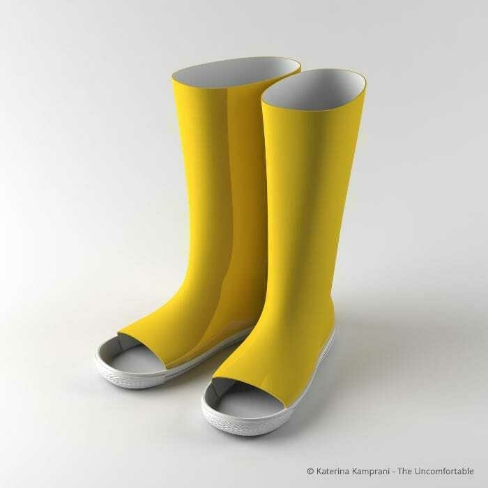 Here's a factual alt-text description: Yellow rain boots with white molded soles are displayed.