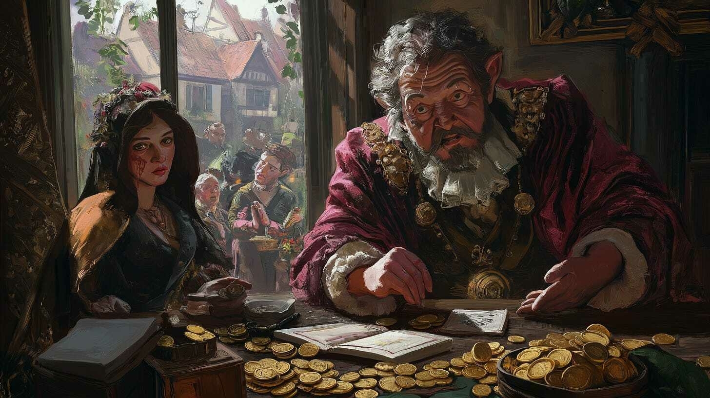 A large man with a red robe sits at a table covered in gold coins, with a woman and children nearby.