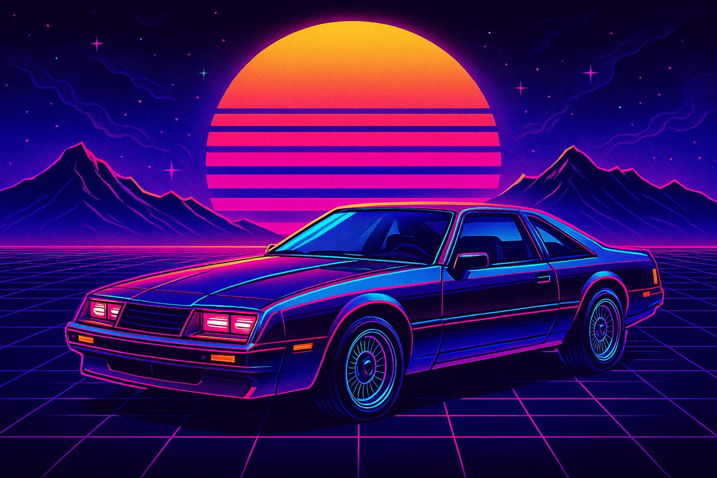 A dark, stylized coupe with silver wheels sits beneath a horizontal, striped sunset in a retro-futuristic landscape.