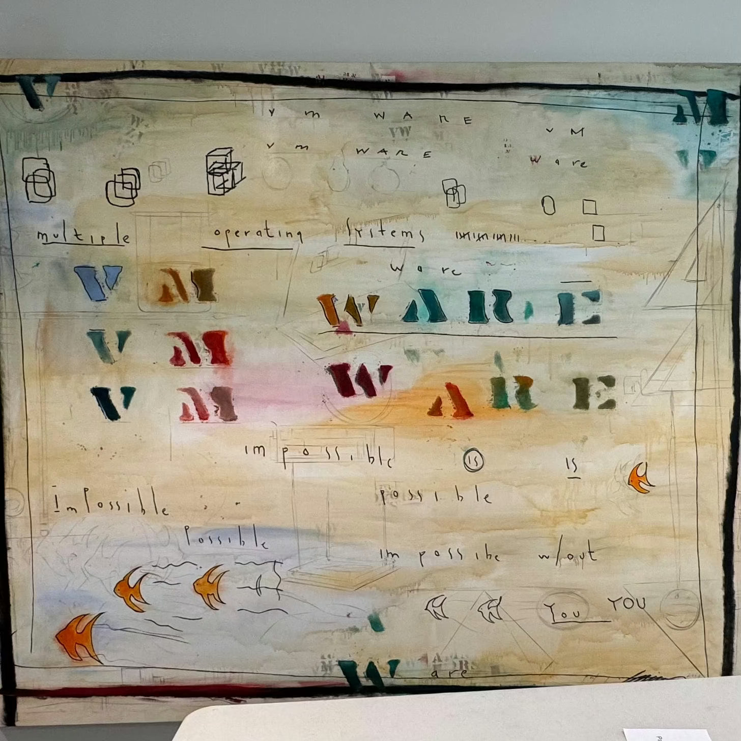 A watercolor painting depicts multiple orange fish swimming in a blue and white abstract background with the word "impossible" written on it.