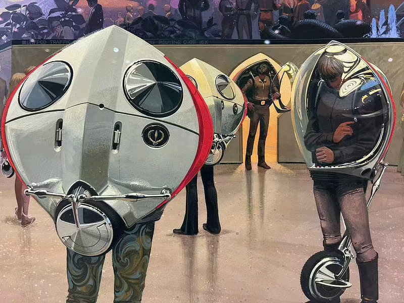 A futuristic, rounded vehicle with two wheels and a pilot stands beside a uniformed figure in a gray environment.