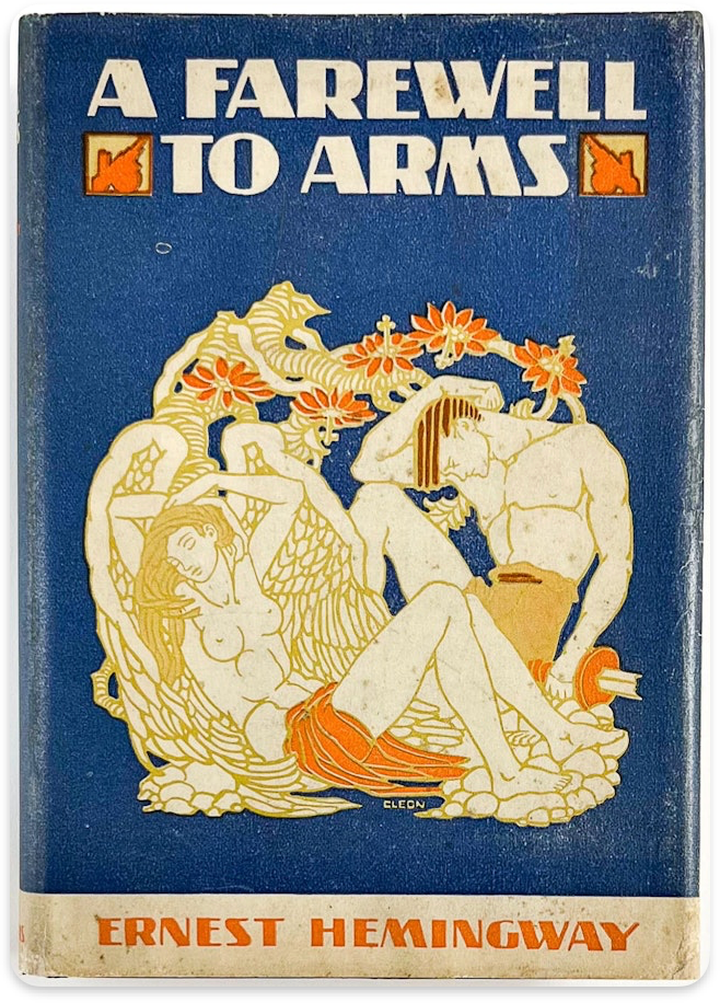 A blue book cover features a nude figure reclining amidst floral ornaments, with “Farewell to Arms” by Ernest Hemingway visible.