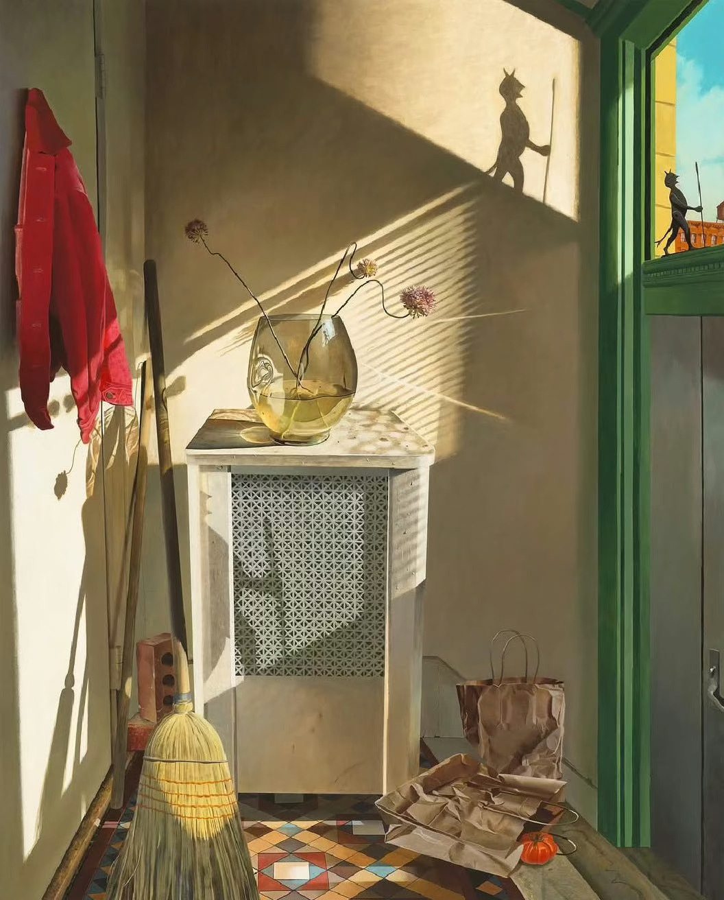 A still life features a glass vase with flowers, a red coat, and a paper bag on a tiled floor.