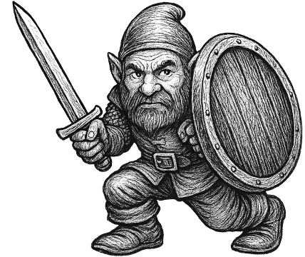 A cartoonish dwarf warrior kneels, holding a sword and shield.