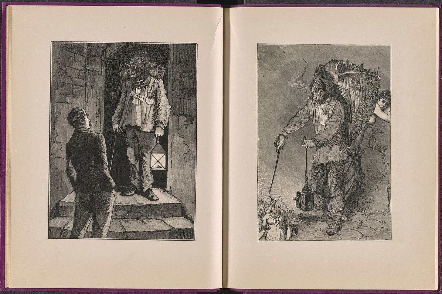 A man with a bear-like head holds a lantern and a small child, standing on stone steps.