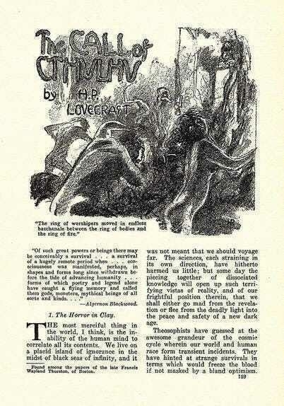 A black and white illustration depicts H.P. Lovecraft's "The Call of Cthulhu," featuring a monstrous, tentacled creature.
