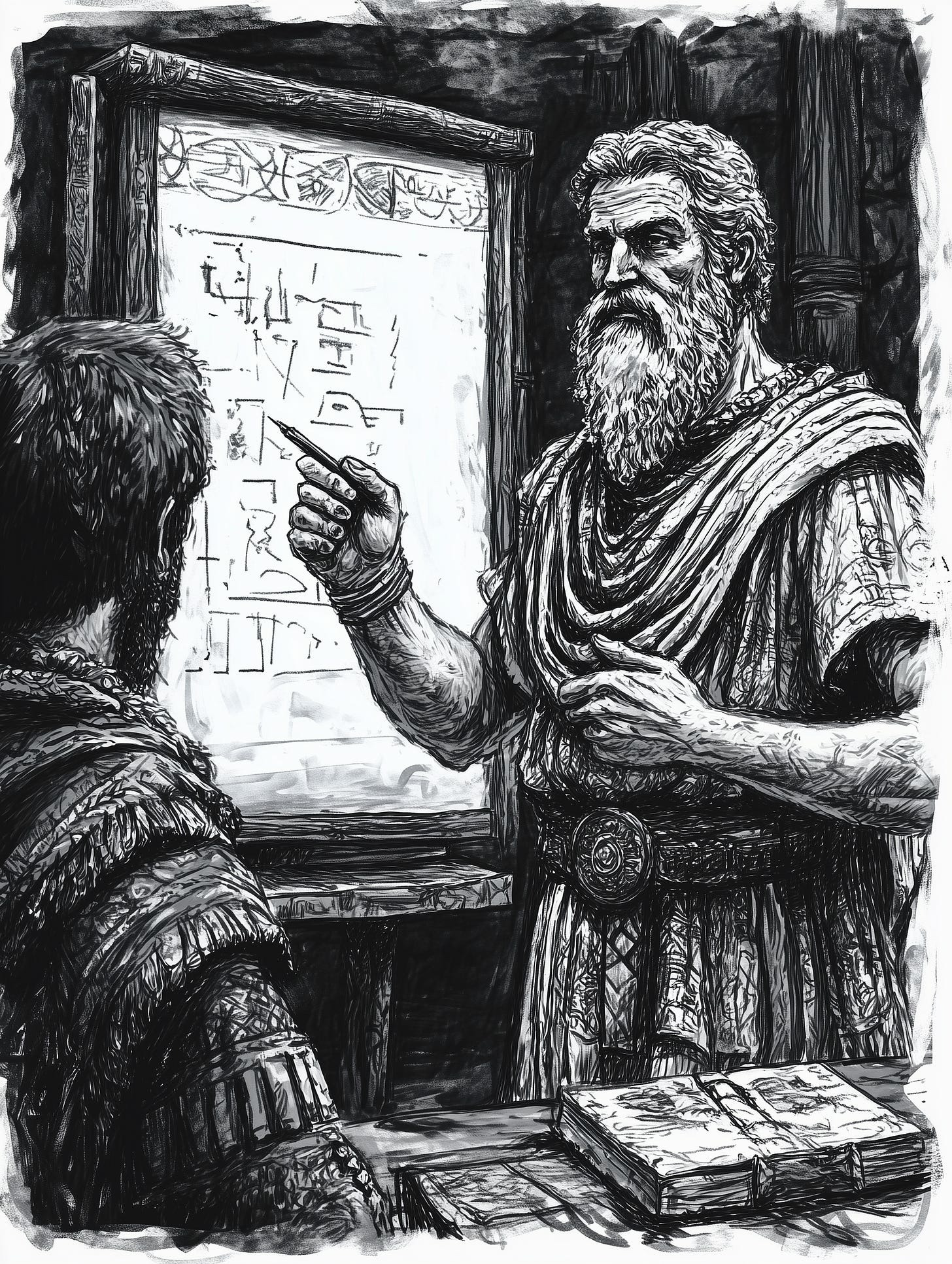 A bearded man gestures toward a chalkboard filled with symbols, while a student observes.