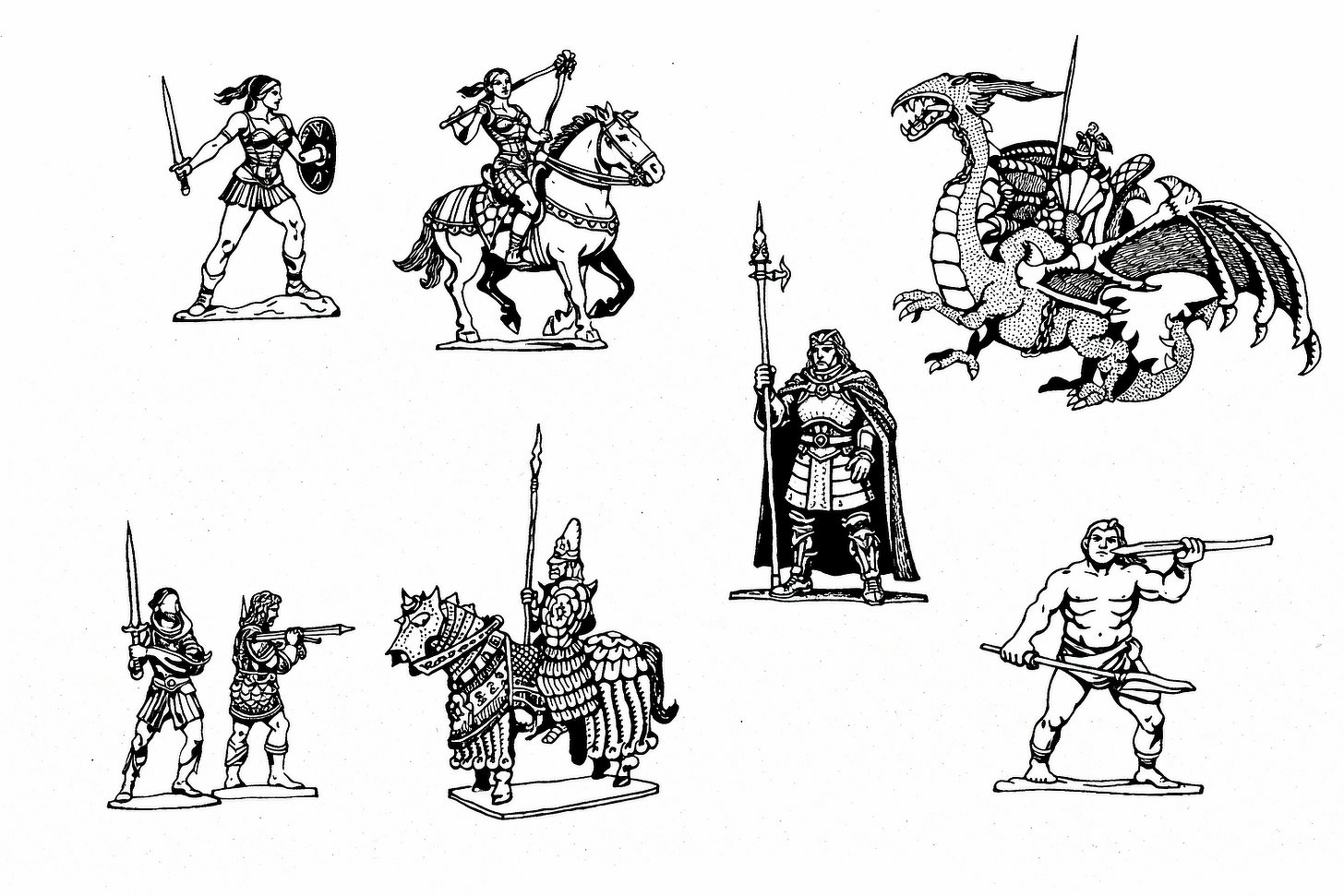 Black and white toy figurines depict a warrior, knight, dragon, and a muscular man.