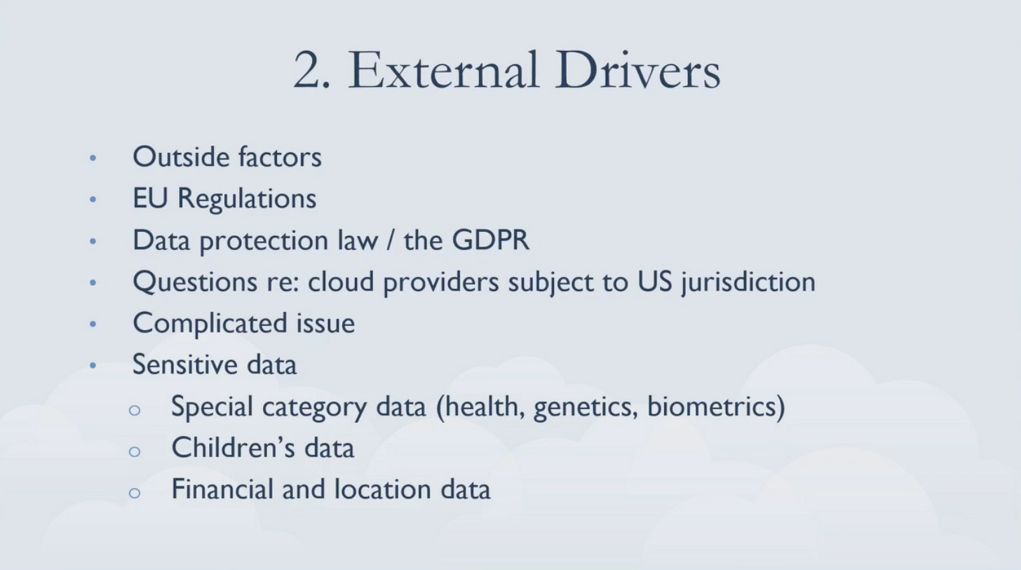Here's a one-sentence alt-text description of the image: “The slide discusses data protection regulations, including GDPR and US jurisdiction, concerning sensitive data like genetics and biometrics.