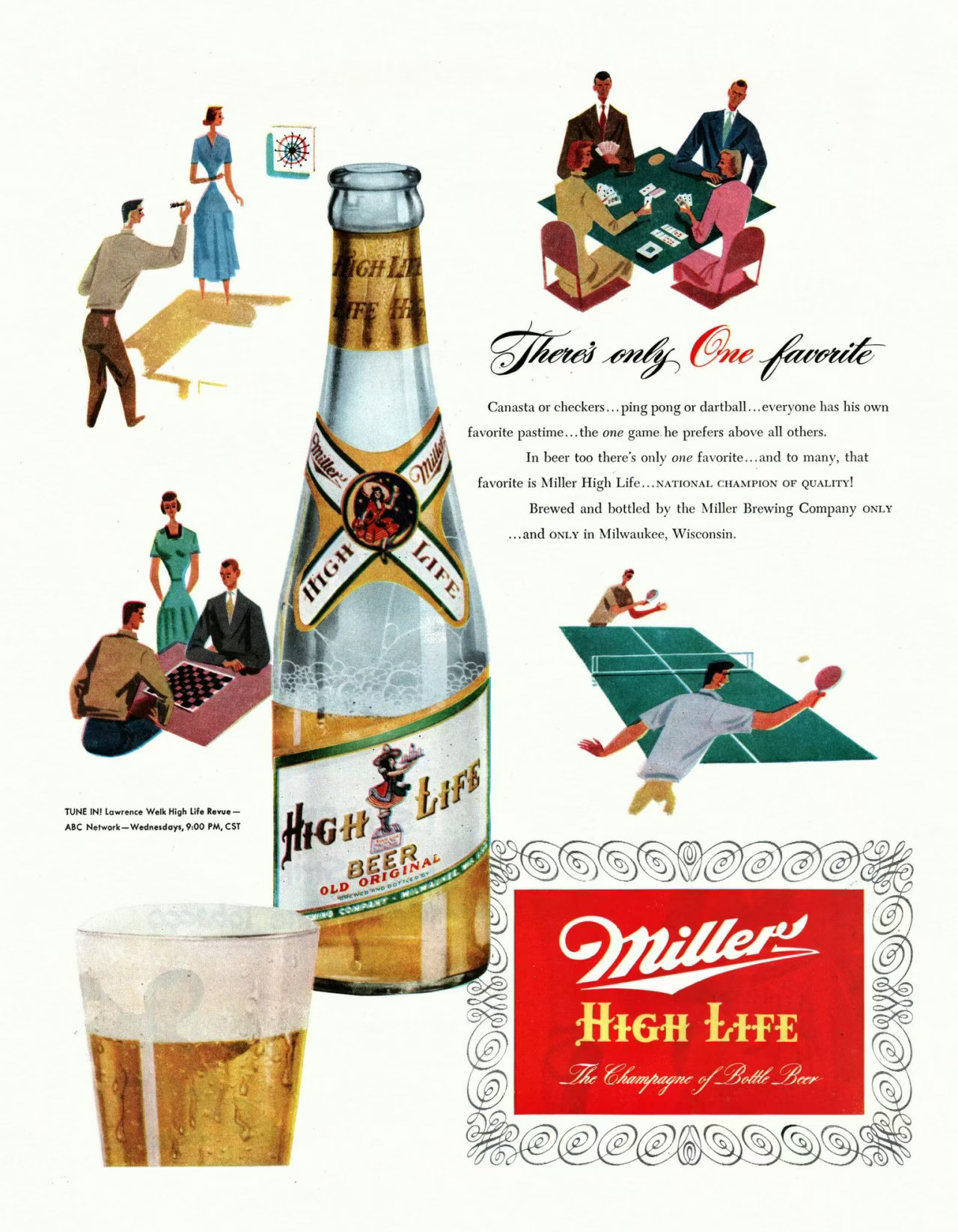 Here's a factual alt-text description: A Miller High Life bottle advertisement features a group of people and the tagline "The Champagne of Bottle Beer.