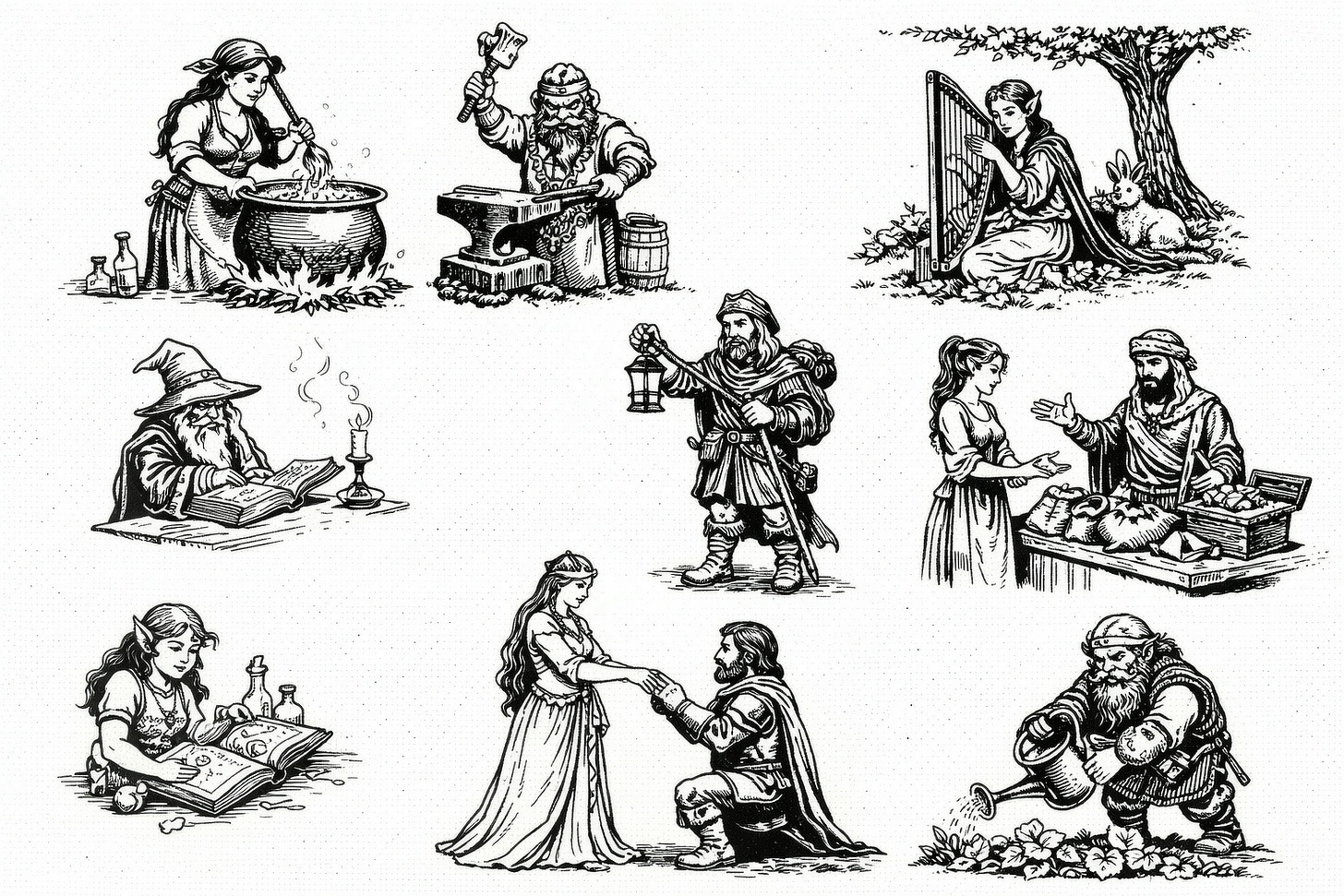 A medieval illustration depicts a wizard, a knight, and a dwarf in a rustic setting.