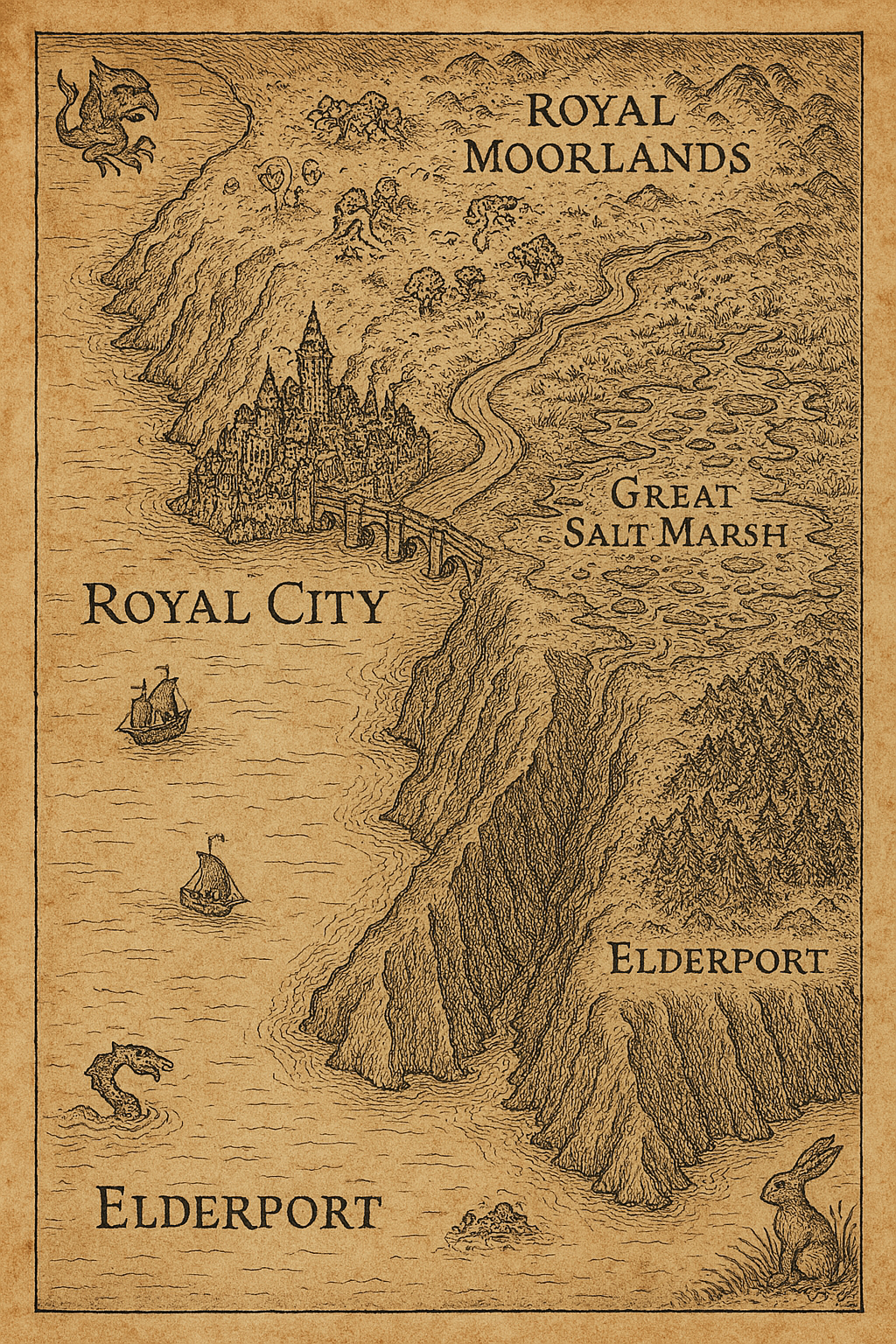Auto-generated description: A vintage-style map depicts a fantasy landscape with labeled areas such as Royal City, Royal Moorlands, Great Salt Marsh, and Elderport, along with illustrations of mountains, a dragon, and ships.