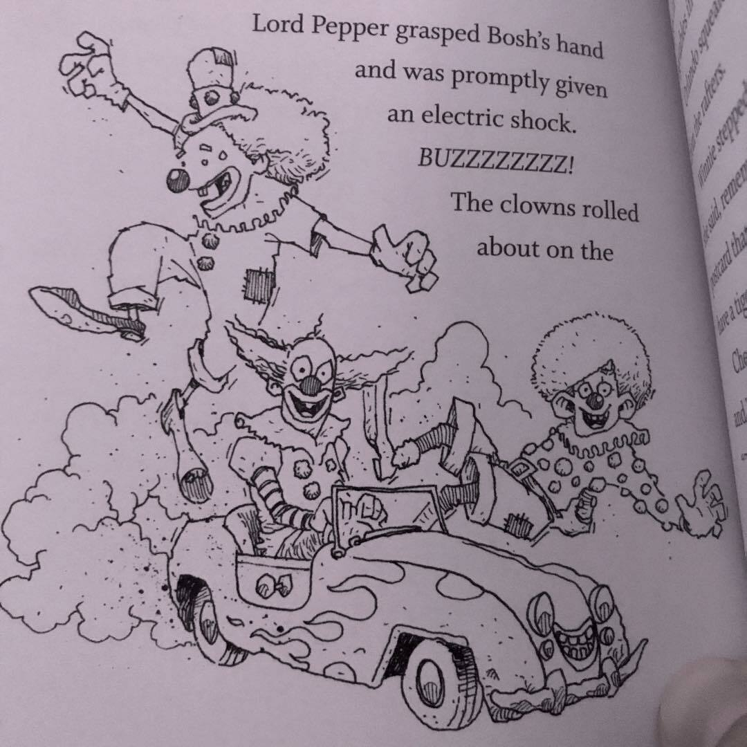 A cartoon drawing of Lord Dimmsdale the clown is holding a hand with an electric shock.