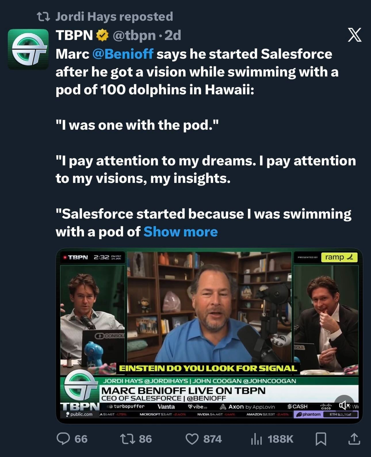 Marc Benioff of Salesforce is shown live on TBNP, promoting a podcast he started.