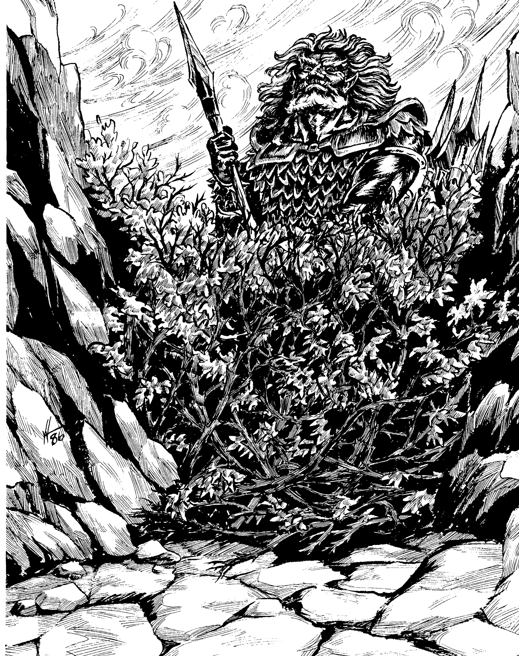A black and white illustration depicts a warrior with a sword, standing amidst dense foliage and rocky terrain.