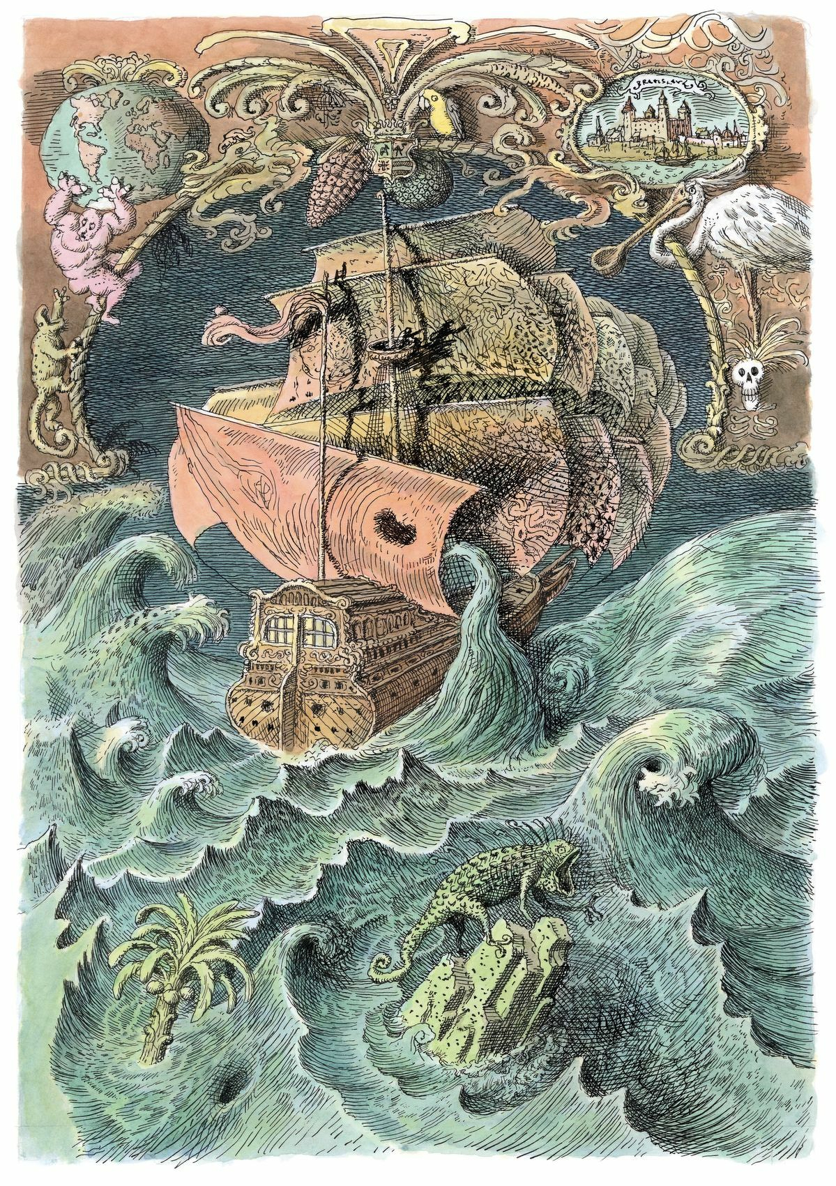 Auto-generated description: A fantastical ship sails through turbulent, surreal waters surrounded by mythical sea creatures and elaborate, dream-like borders. Peter Klúcik's The Hobbit illustrations.