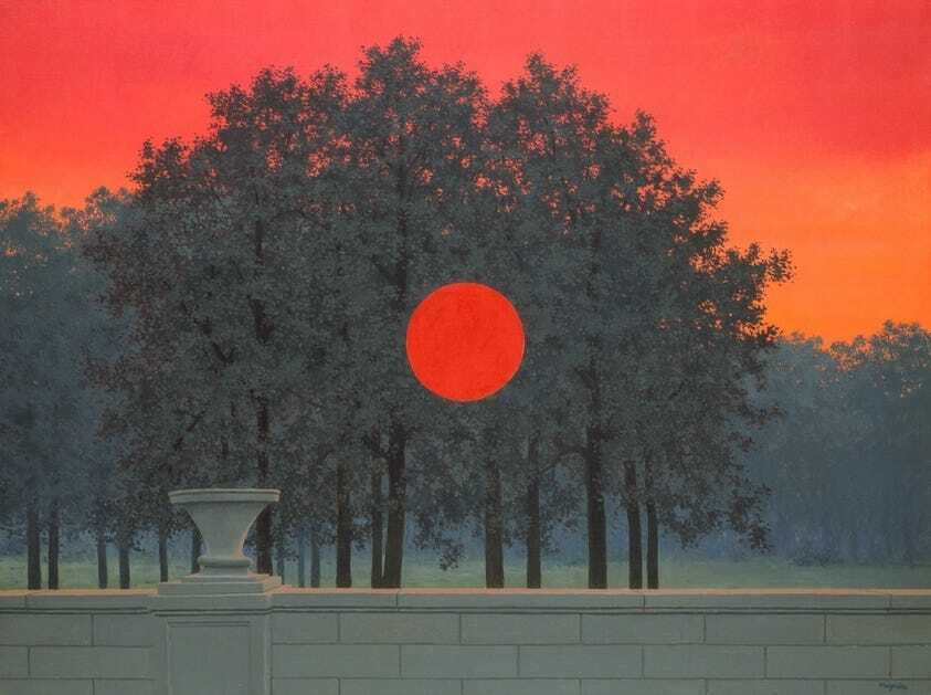 A painting depicts a large red sun rising behind a line of dark trees, with a stone planter visible on the left.