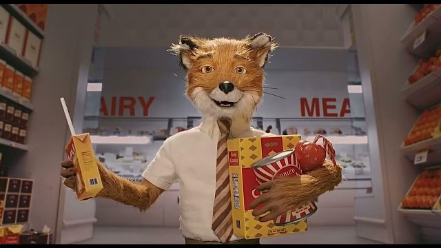 A fox wearing a white shirt and tie holds a carton of milk and a can of tomatoes in a supermarket.
