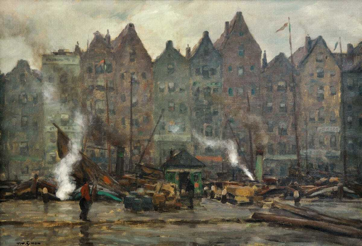 Oil painting of an Amsterdam harbor on an overcast day: a row of tall stepped-gable canal houses across the water, a laborer near a smoking brazier on the foreground quay, moored barges and stacks of timber, a steamer puffing white smoke behind a small green dock office.