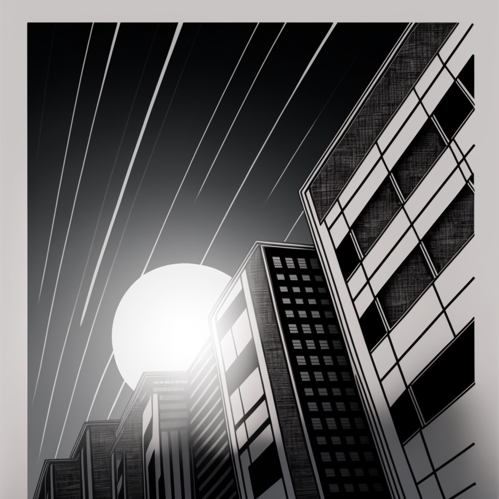 A black and white illustration depicts skyscrapers with a large, bright sun in the sky.