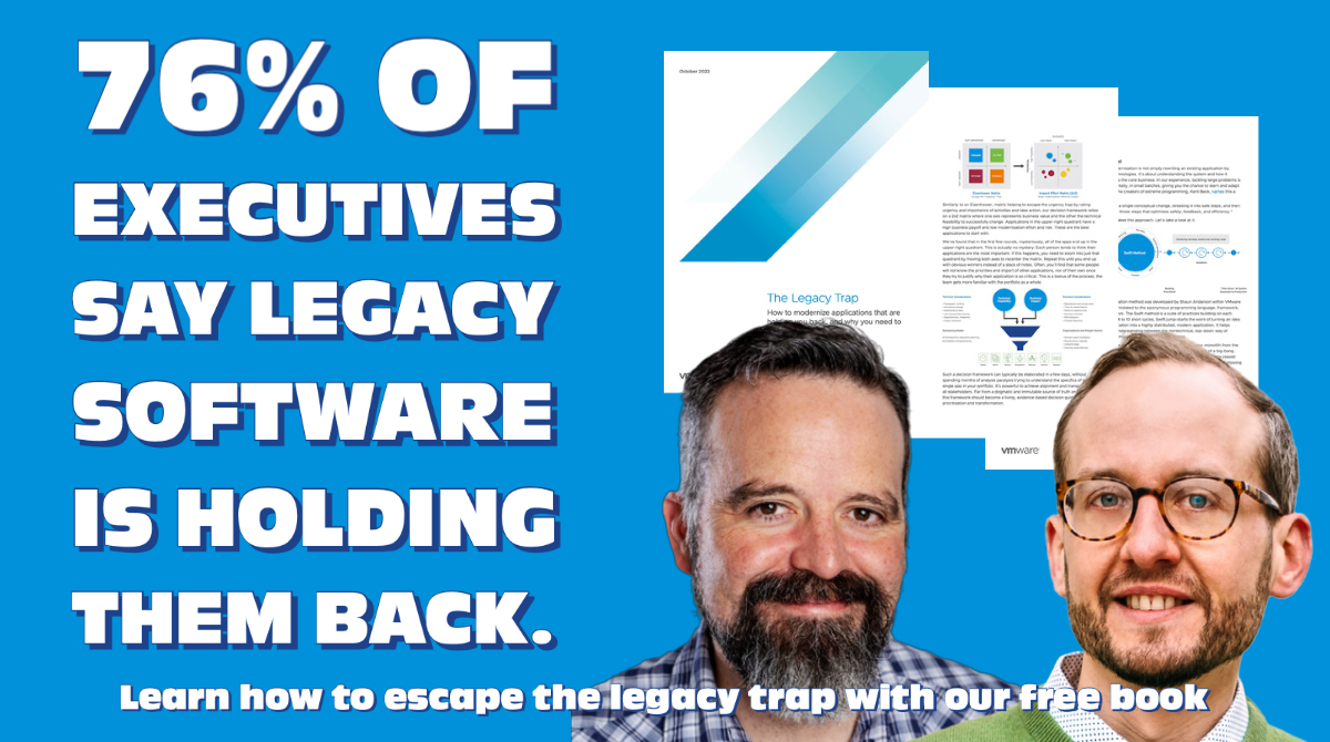 Here's a factual alt-text description of the image: A person stands in front of a graphic titled "The Legacy Trap" promoting a free book on modernizing software.
