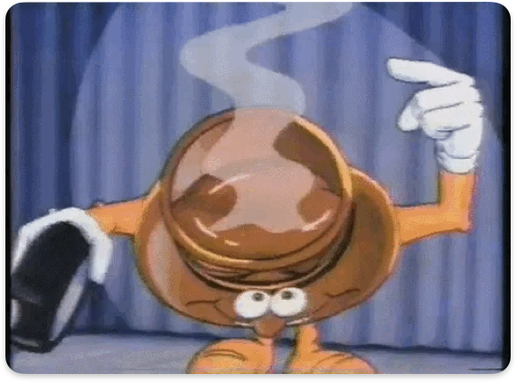 A cartoon character with a brown face, white eyes, and a brown cowboy hat is pointing upwards.