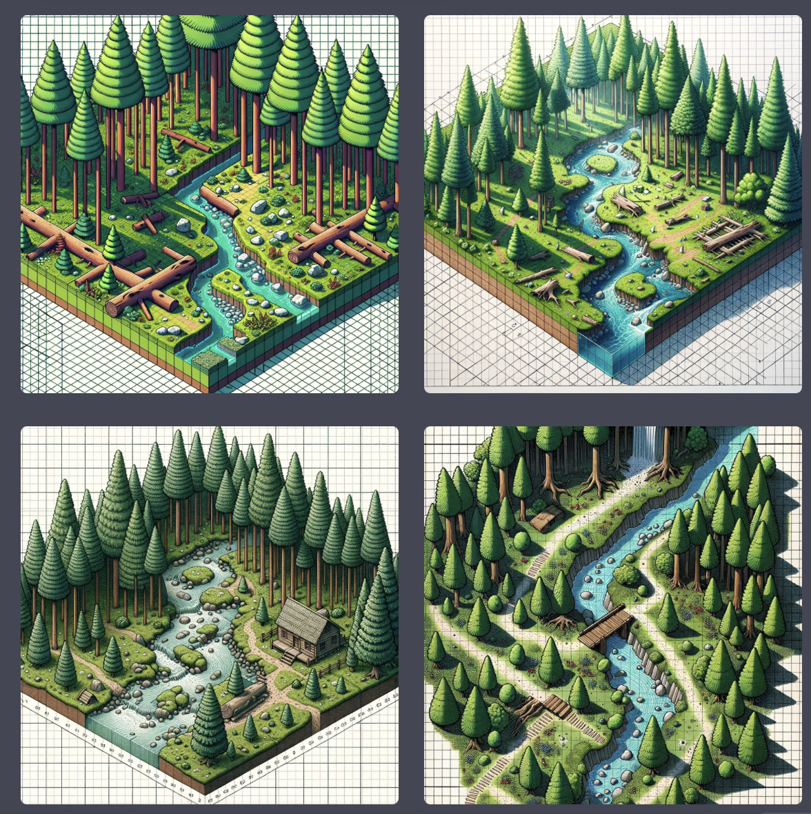 An isometric illustration depicts a forest scene with a stream, a small wooden bridge, and a cabin.