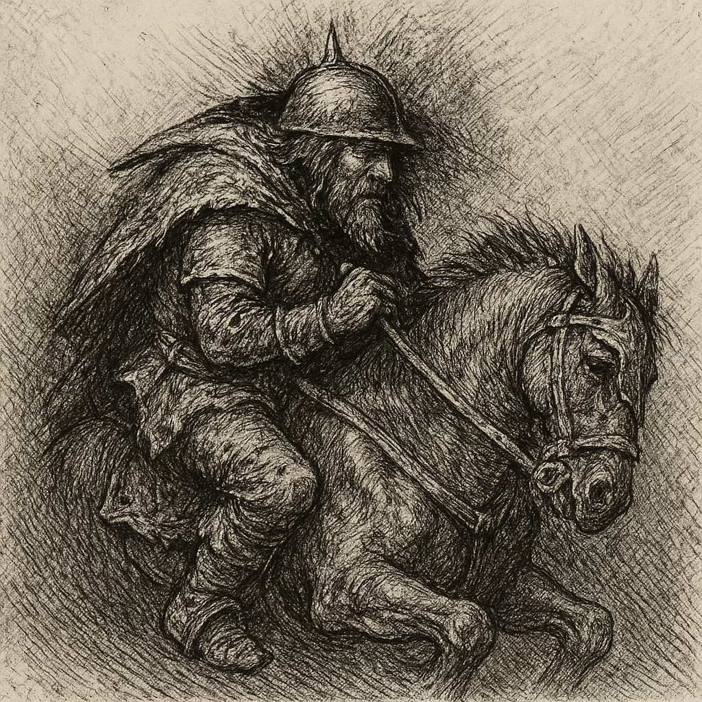 A bearded warrior on horseback rides through a storm, wearing a horned helmet.